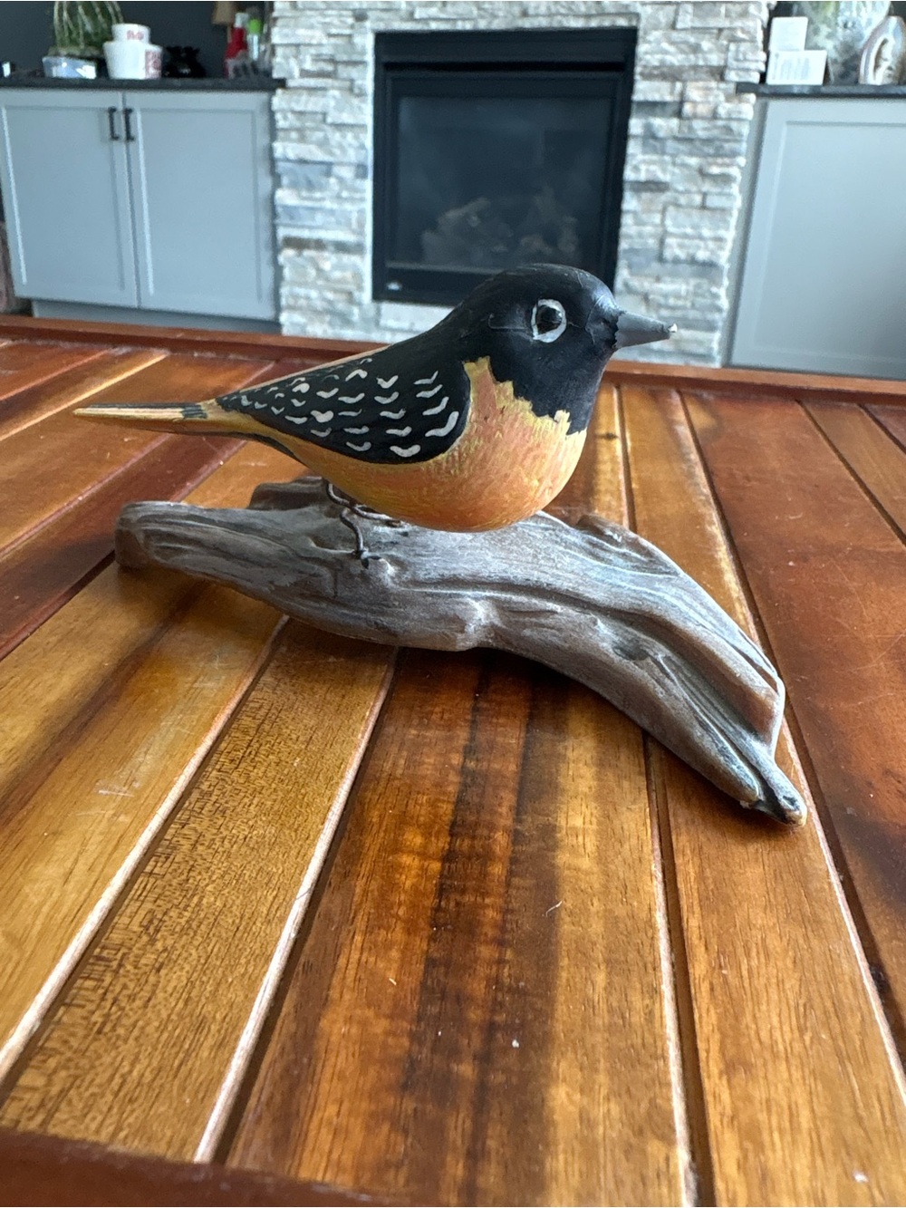 Hand Carved Wood Baltimore Oriole Bird Figurine on Branch 4.5”